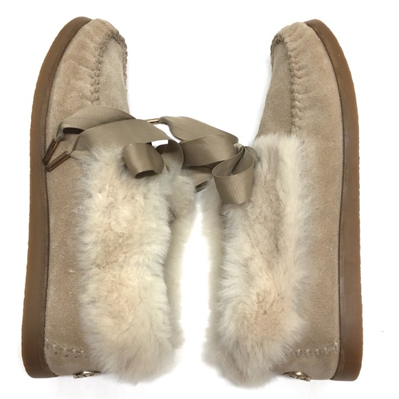 Tory Burch Aberdeen Split Suede Genuine Rabbit Fur Trim Slipper Natural/Camel 7 - Picture 3 of 17